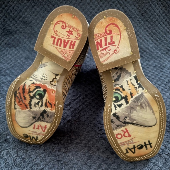 Tin Haul Kids Cowboy Boots Golden Tiger Hear Me Roar Brown Cream w Pink Accents - Picture 8 of 11